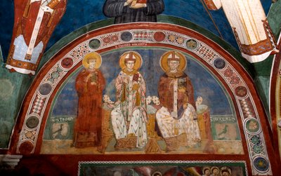 Repræsentation af Saint Stephen, kristen martyr, Saint Thomas Becket (1118-1170), ærkebiskop af Canterbury og Saint Nicholas af Myra eller Bari (270-345) Anonym fresco (13. århundrede) Nedre kirke. Klosteret Saint Benedetto (Sacro Speco), Subiaco (Rom af Italian School