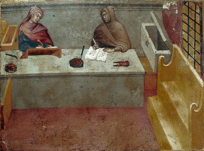 Repræsentation af en kamerlingvist, assistent for en afskriver Anonymt maleri på træ af en Biccherna (omslag af regnskabsregisteret for byen Siena) 1388. Siena Archivio di Stato, Italien af Italian School