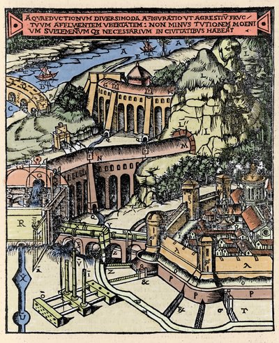 Repræsentation af en akvædukt. Coloree gravering fra "" De Architectura"" af Vitruva (1. århundrede f.Kr.) - Udgave af Gottardo da Ponte, Come af Italian School