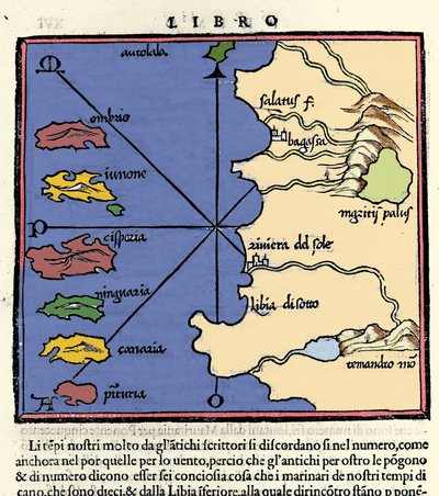 Repræsentation af De Kanariske Øer. Isolario (kort over øer) af Benedetto Bordone. Venedig 1547 af Italian School