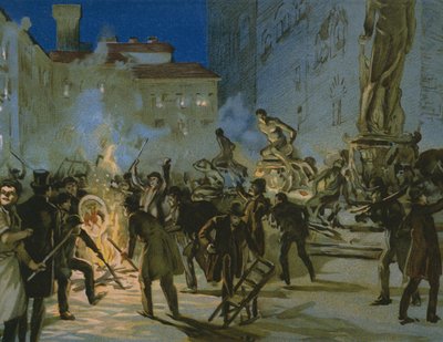 Revolution in Florence, 27. april 1859, illustration fra et album om Risorgimentos historie lavet til chokoladen Talmone, slutningen af det 19. århundrede af Italian School