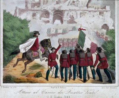 Risorgimento, Romersk Republik (Repubblica romana): soldaterne fra Giuseppe Garibaldis hær, til hest, forsøger at generobre villaen til Quattro Venti i Rom den 03/06/1849. Litografi Roms Nationalmuseum for Risorgimento af Italian School