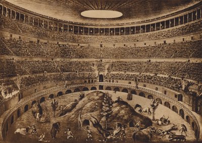 Roma / Rom: Interiør af Colosseum, Jagten på messerne, historisk rekonstruktion (litho) af Italian School