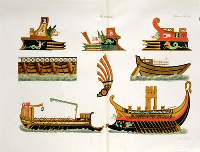 Romerske skibe med detaljer af galionsfigurer, plade 23, klasse 5 fra del I af Nationernes historie, indgraveret af Simonetti (akvatint) af Italian School