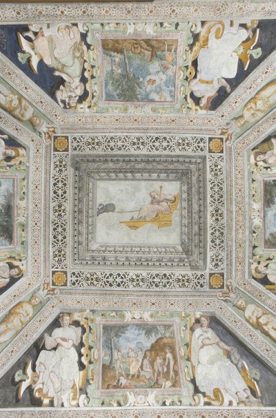 Room of Juno: Juno på en vogn trukket af to påfugle og ser sin mands forræderi af Italian School