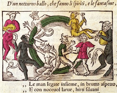 Sabbatsceremoni med hekse. Gravering af Olaus Magnus (1490 - 1557), svensk religiøs og geograf, "Historia de Gentis Septentrionalibus", Venedig af Italian School