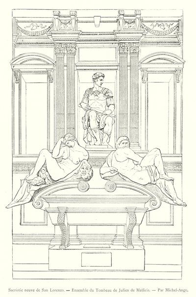 Ny sakristi i San Lorenzo, Ensemble af Giuliano de Medicis grav, af Michelangelo (gravering) af Italian School