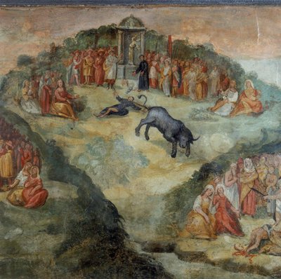 Den hellige Hippolytos kaster den tørklæde, som Pontifex Battistellus gav ham for at ofre til Jupiter, detalje af maleriet af den hellige Hippolytos