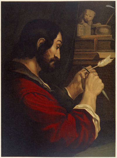 Sankt Markus udskærer en pen - i "Gylden klassisk bibel: historie om guddommelig åbenbaring i det gamle og i den nye stræben" "af Giovanni Ladislao Sykora (bd. 2), oversat af Don Clemente Benetti. (italiensk bibel) af Italian School