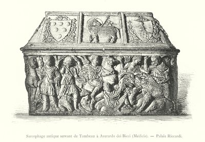 Gammel sarkofag, der tjener som grav for Averardo dei Bicci, Medicis, Palazzo Riccardi (gravering) af Italian School