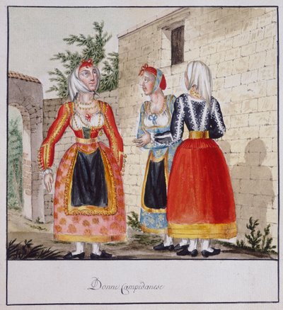 Sardinske kvinder i kostumer fra Campidano, trykt ms.258, Luzzetti Collection af Italian School