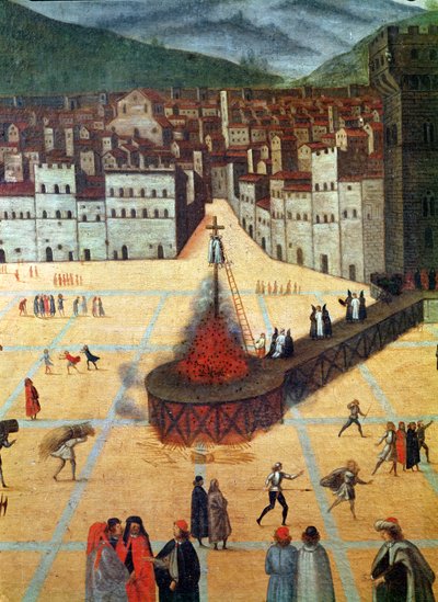 Savonarola bliver brændt på bålet, Piazza della Signoria, Firenze, detalje af ilden (olie på panel) af Italian School