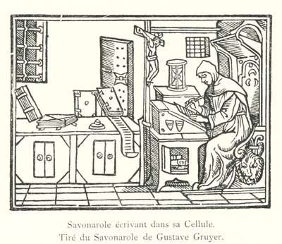 Savonarola skriver i sin celle, fra Savonarola af Gustave Gruyer (gravering) af Italian School