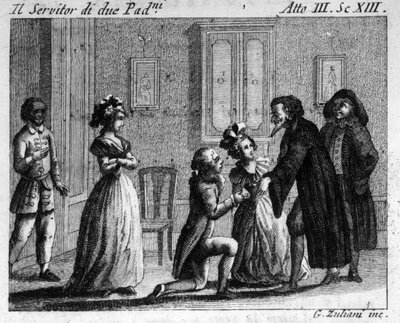 Scene 13 i akt III af tegneserien "" Arlecchino servitore di due padroni" (Harlekin-tjener for to herrer) (1745) af Carlo Goldoni (1707-1793). Stik af det 18. århundrede af Italian School