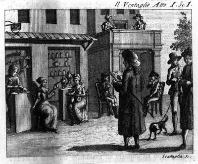 Scene 1 i 1. akt af tegneserien "" Il ventaglio"" (The eventel) (1764) af Carlo Goldoni (1707-1793). Indgravering af det 18. århundrede af Italian School