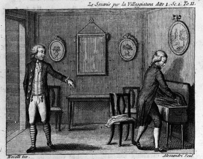 Scene 1 i 1. akt af tegneserien "" Le smanie per la villeggiatura"" (La ville) (1761) af Carlo Goldoni (1707-1793). Indgravering af det 18. århundrede. af Italian School
