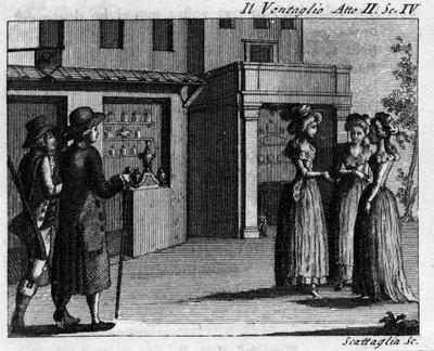 Scene 4 i akt II af tegneserien "" Il ventaglio"" (The eventel) (1764) af Carlo Goldoni (1707-1793). Indgravering af det 18. århundrede af Italian School