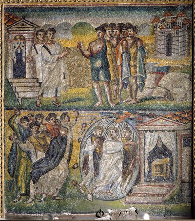 Scener fra The Life of Moses: tilbagevenden af de tolv spioner sendt af Moses til det forjættede land, Forsøg på stening af Moses (mosaik) af Italian School