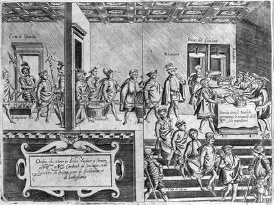 Tjeneste af kardinalerne under en konklave. Gravering fra "Opera", Book on Gastronomy opdelt i 6 dele, af Bartolomeo Scappi, personlig kok af pave Pius V. Venedig af Italian School