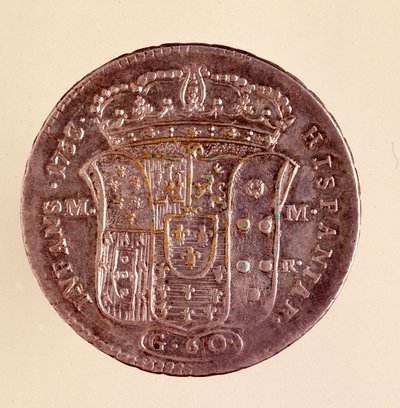 Sølv piastra fra Napoli: Karl III af Spaniens regeringstid (1716-1788). 1750. Diameter. 4 cm Napoli, arkæologisk museum af Italian School