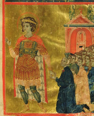 Nogle brødre, der beder til St. Theodore, fra en Mariegola, 1350 (blæk & bladguld på vellum) af Italian School