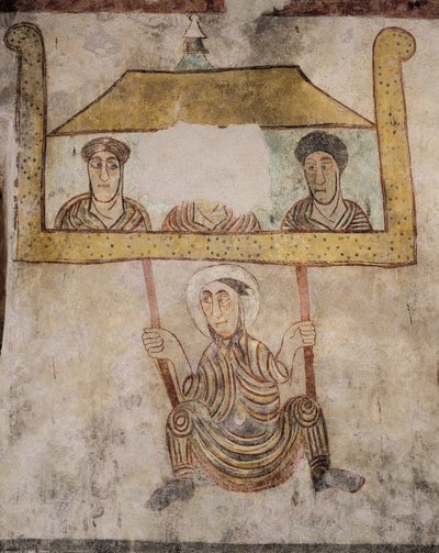 St. Proculus svingende på reb, detaljer fra fresker (8. århundrede), St. Proculus kirke, Naturno, Val Venosta, Trentino-Alto Adige, Italien af Italian School
