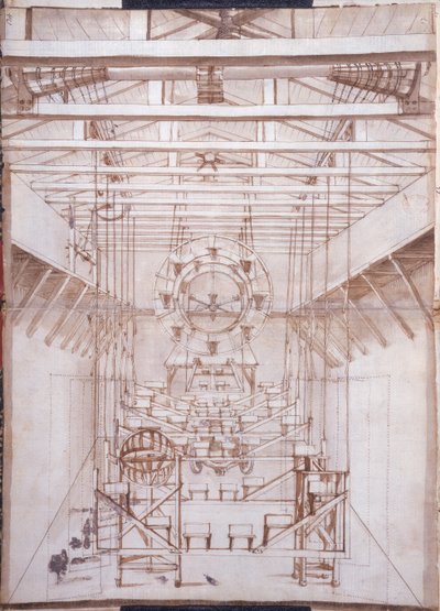 Scenemaskineri til operaerne ved San Salvatore-teatret i Venedig, 1675 (pen og blækvask på papir) af Italian School