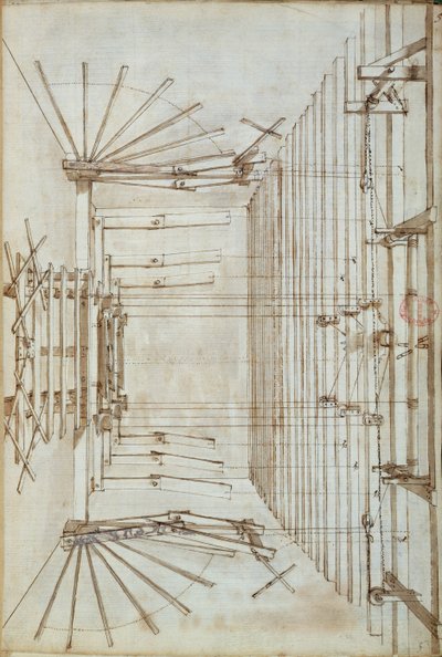 Scenemaskineri til operaerne ved San Salvatore-teatret i Venedig, 1675 (pen og blækvask på papir) af Italian School