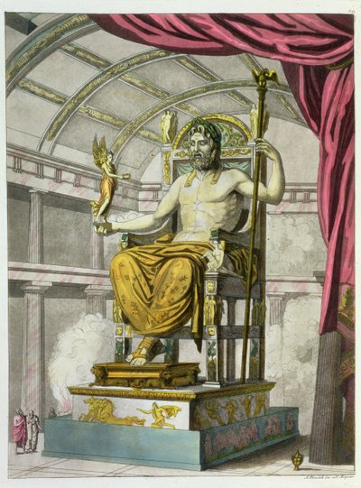 Statue af Jupiter i et tempel, fra Costumi dei Romani, indgraveret af Angelo Biasioli (1790-1830), ca. 1805-20 (akvatint) af Italian School