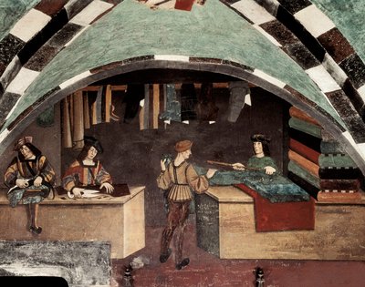 Skrædderforretning. En mand syr, en anden klipper stoffet og en tredje sælger tekstilet til en kunde. Fresco Slot Issogne (1400-tallet). af Italian School