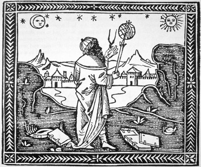 The Astrologer Albumasar (787-885) kopi af en illustration fra hans Introductorium in Astronomiam, Venedig 1506, brugt i en History of Magic, udgivet sent i det 19. århundrede af Italian School