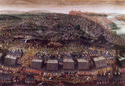 Slaget ved Det Hvide Bjerg under Trediveårskrigen (Tyskland 1620), som modsatte Bøhmen guidet af Frederik V til Den Hellige Liga. Oliemaling. Rom, kirken St. Mary of Victory. af Italian School