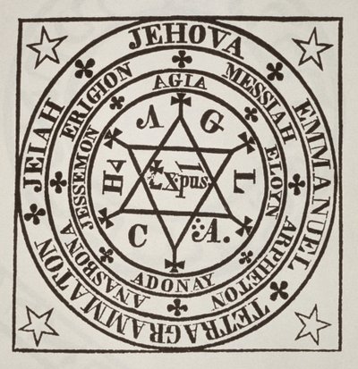 Agrippas store magiske cirkel til fremkaldelse af dæmoner, kopi af en illustration fra Les Oeuvres Magiques de Henri Corneille Agrippa, Rom 1744, brugt i en magihistorie, udgivet sent i det 19. af Italian School
