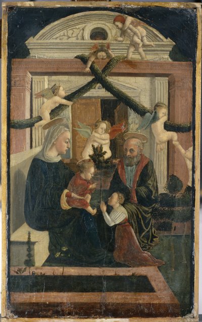 Den hellige familie med donor i bøn og spilleengle, ca. 1460 (tempera på fyrretræ) af Italian School