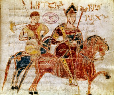 Kongen af francerne og derefter Lotharia I (9. århundrede) Miniature fra "Codex Legum Longobardorum" (eller Langobardorum), der beskriver lovene i det langobardiske rige etableret af kong Rothari af Italian School