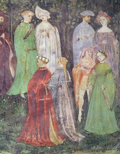 Juni måned, detalje af adelsmænd og kvinder gående, ca. 1400 (fresco) af Italian School