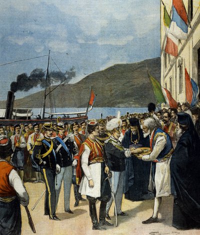 Prinsen af Napoli - dengang Victor Emmanuel III (Victor-Emmanuel) (Vittorio Emanuele) - modtager i Rijeka ifølge traditionen brød og salt fra familien Helene de Montenegro. af Italian School