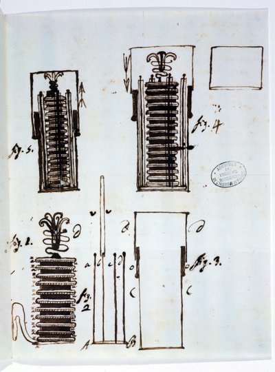 Den voltaiske bunke (batteri). Tegning fra et brev fra Alessandro Volta (1745-1827) til Dieudonne Dolomieu (1750-1801) om galvanisme, 1801 (pen og blæk på papir) af Italian School