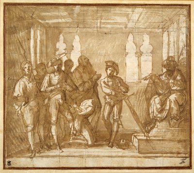 Halshugningen af en helgen (pen og blæk med vask og kridt på papir) af Italian School