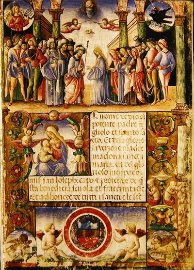 Jomfruens trolovelse, fra en Mariegola fra læglauget St. Joseph og St. Sylvester, 1315 (blæk på vellum) af Italian School