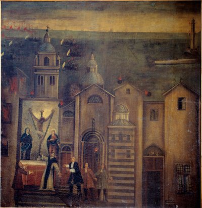 Kirken Santa Maria del Castello ramte under bombningen af franskmændene i 1684, Genova (olie på lærred af Italian School