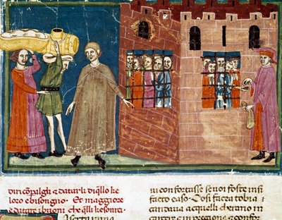 Uddeling af måltider til fangerne Miniature af den florentinske skole taget fra en forlængelsesudgave af "Pater noster" af Ser Zucchero Bencivenni (MS.II.VI 16) begyndelsen af det 14. århundrede Firenze, nationalbiblioteket af Italian School