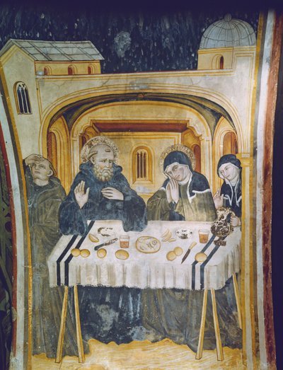 Regnens mirakel efter St. Scholasticas indgriben under måltidet med hendes bror, St. Benedict af Italian School