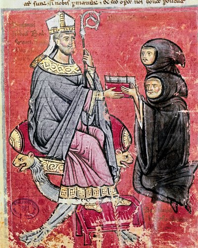 Munken Benedetto da Bari (der repræsenterer unge og gamle for at indikere, at det at skrive hans arbejde har beskæftiget hele hans liv) overdrog til abbeden Balsamo (1200-tallet), leder af benediktinerklostret Cava de Tirreni, hans kodeks De Septem Sigilli af Italian School
