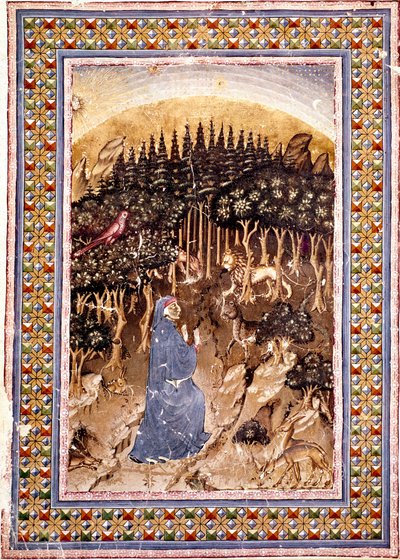 Digteren Dante befinder sig i en mørk skov. Den oplyste side af den første helvedesang stammer fra "Divina Commedia" (Divine Comedy) af Dante Alighieri (1265-1321). Manuskript Ms. Conv. Soppr. 204 af Italian School