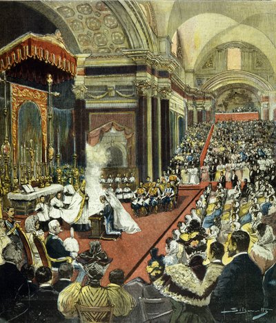 Det religiøse ægteskab mellem den, der bliver kong Victor Emmanuel III (Victor-Emmanuel) (Vittorio Emanuele) med prinsesse Helene af Montenegro i Santa Maria degli Angeli-kirken i Rom i 1896. af Italian School
