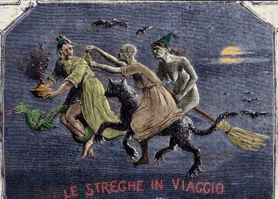Heksene på vej til sabbatten: en er på en sort kat, en anden på en kost og den tredje på en drage bærer en eliksir. Gravering. af Italian School