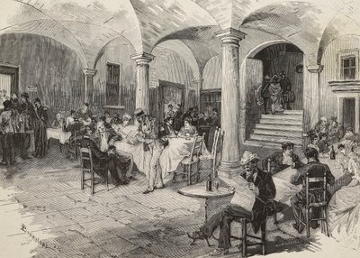 Tredjeklasses passagerer og førsteklasses passagerer i karantæne, desinficerende bagage, Quarcino slot, ved den schweiziske grænse, koleraepidemi, Italien, gravering af Mancastropa fra tegning af Bonamore, fra L