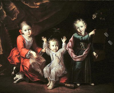 Tre børn i et indre omgivet af deres kæledyr, ca. 1680 (olie på lærred) af Italian School