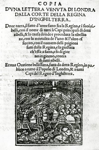 Titelside til en kopi af et brev sendt fra dronningens hof (træsnit og bogtryk) af Italian School
